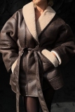 Dark Brown Casual PU Leather Wool With Belt Turndown Collar Long Sleeve Fall Winter Outerwear Coats