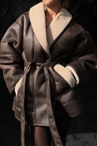 Dark Brown Casual PU Leather Wool With Belt Turndown Collar Long Sleeve Fall Winter Outerwear Coats