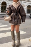 Dark Brown Casual PU Leather Wool With Belt Turndown Collar Long Sleeve Fall Winter Outerwear Coats