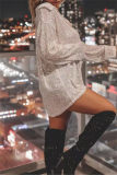 Apricot Loose Casual Sequins Turndown Collar Long Sleeve Shirts Tops