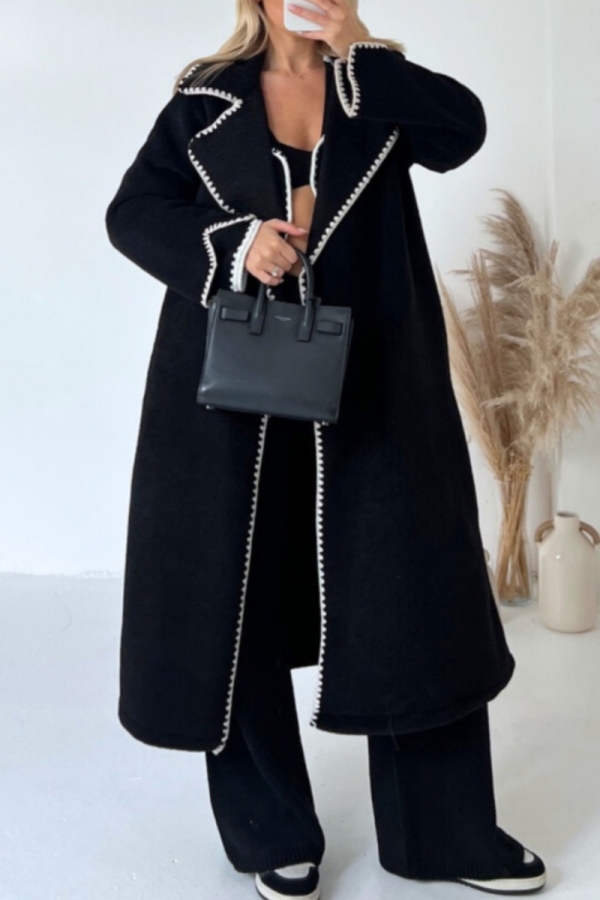 Black Loose Woolen Casual Cardigan Turndown Collar Fall Winter Long Coats Outerwear