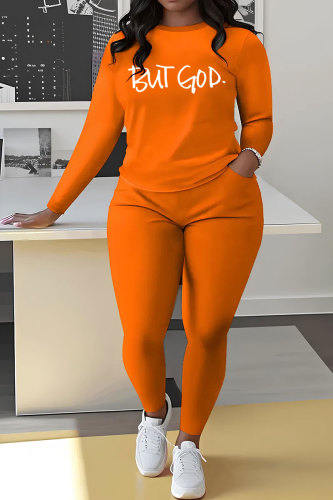 Orange Sportwear Casual Letter Print Round Neck Long Sleeve Sweatshirt and Sweatpants Fall Winter Two Pieces Sweatsuits Sets