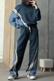 Blue Sportwear Casual Contrast Striped Round Neck Long Sleeve Sweatshirt and Wide Leg Sweatpants Fall Winter Two Pieces Sweatsuits Sets