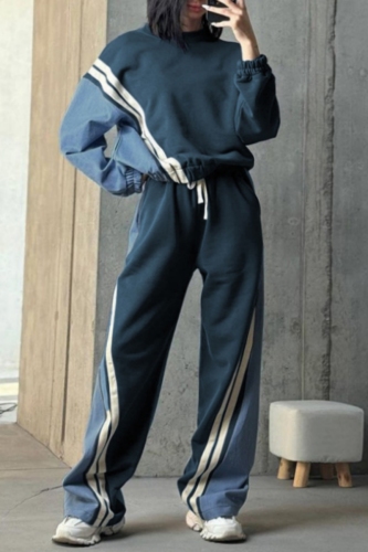 Blue Sportwear Casual Contrast Striped Round Neck Long Sleeve Sweatshirt and Wide Leg Sweatpants Fall Winter Two Pieces Sweatsuits Sets
