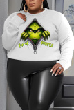 Blue Christmas Outfit O Neck Long Sleeve Casual Outing Plush Sweatshirt Womens Plus Size Tops