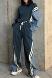 Blue Sportwear Casual Contrast Striped Round Neck Long Sleeve Sweatshirt and Wide Leg Sweatpants Fall Winter Two Pieces Sweatsuits Sets