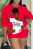 Red Sportwear Casual Girl Figure Print Round Neck Long Sleeve Sweatshirt and Shorts Two Pieces Sweatsuits Sets