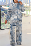 Blue Khaki Sportwear Faux Denim Print Hooded Long Sleeve Sweatshirt and Sweatpants Fall Winter Two Pieces Sweatsuits Sets