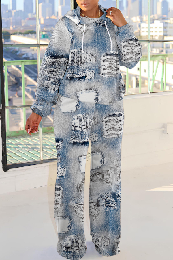 Blue Khaki Sportwear Faux Denim Print Hooded Long Sleeve Sweatshirt and Sweatpants Fall Winter Two Pieces Sweatsuits Sets