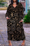 Army Green Graphic Print V Neck Long Sleeve Ankle Length Casual Outings Plus Size Straight Loose Tunic Maxi Dress with Pocket