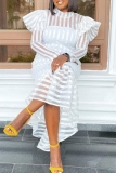 White with Sheer Striped High Neck Long Puff Sleeve Flared Hem Formal Cocktail Party Mermaid Maxi Dress