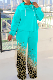 Cyan Green Sportwear Leopard Print Hooded Long Sleeve Sweatshirt and Straight Leg Sweatpants Fall Winter Two Pieces Sweatsuits Sets