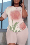 Lake Blue Casual Abstract Floral Print Gradient Round Neck Short Sleeve T-shirt and Shorts Two Piece Matching Sets