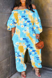 Light Blue Vacation Loose Casual Abstract Floral Leaf Print Off Shoulder Long Lantern Sleeve Overall Jumpsuits
