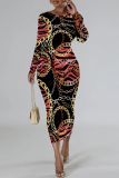 Red Chain print O Neck Long Sleeve Casual Street Fall Outings Bodycon Pencil Midi Dress