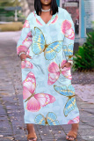 Dark Pink Butterfly Print V Neck Long Sleeve Casual Outings Vacation Straight Loose Tunic Maxi Dress