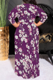 Purple Floral Print O Neck 3/4 Sleeve Lace Up Summer Outings Vacation Plus Size Flowy Loose Maxi Dress