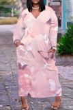 Dark Pink Butterfly Print V Neck Long Sleeve Casual Outings Vacation Straight Loose Tunic Maxi Dress