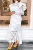 White with Sheer Striped High Neck Long Puff Sleeve Flared Hem Formal Cocktail Party Mermaid Maxi Dress