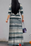 Sky Blue Tie Dye Print V Neck 3/4 Sleeve Lace Up Summer Outings Vacation Straight Loose Maxi Dress