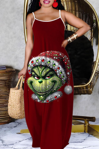 Dark Red Christmas Party Outfit Cartoon Print Sleeveless Backless Spaghetti Strap Floor Length Straight Loose Maxi Slip Dress