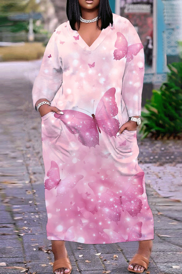 Dark Pink Butterfly Print V Neck Long Sleeve Casual Outings Vacation Straight Loose Tunic Maxi Dress