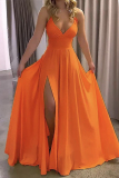Yellow Deep V Neck Sleeveless Backless Spaghetti Strap Slim Fit Waist Front Slit Flowy Lace Maxi Slip Dress