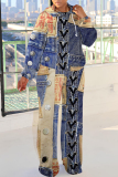 Blue Khaki Sportwear Faux Denim Print Hooded Long Sleeve Sweatshirt and Sweatpants Fall Winter Two Pieces Sweatsuits Sets