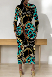 Red Chain print O Neck Long Sleeve Casual Street Fall Outings Bodycon Pencil Midi Dress