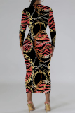 Red Chain print O Neck Long Sleeve Casual Street Fall Outings Bodycon Pencil Midi Dress