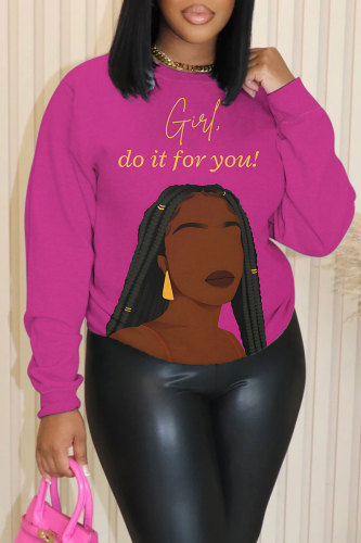 Rose Red Casual Letter Figure Print Round Neck Long Sleeve Fall Winter Sweatshirts Tops
