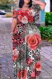 Leopard Floral Print O Neck Short Sleeve Floor Length Summer Outings Vacation Straight Loose Maxi Dress