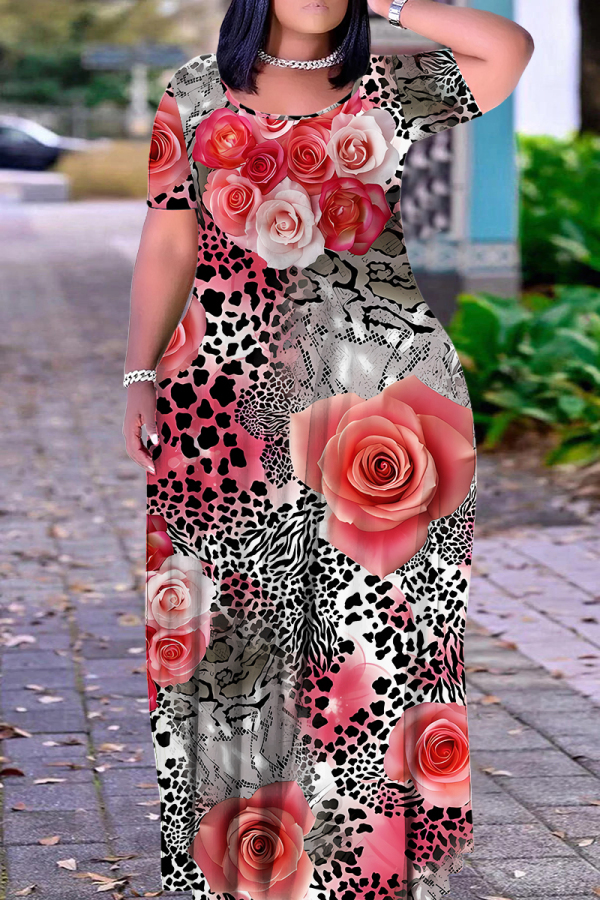 Leopard Floral Print O Neck Short Sleeve Floor Length Summer Outings Vacation Straight Loose Maxi Dress