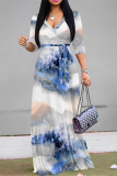 Sky Blue Tie Dye Print V Neck 3/4 Sleeve Lace Up Summer Outings Vacation Straight Loose Maxi Dress