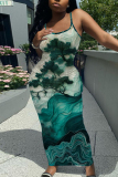 Military Green Graphic Print Sleeveless Backless Spaghetti Strap Summer Outings Vacation Bodycon Maxi Slip Dress