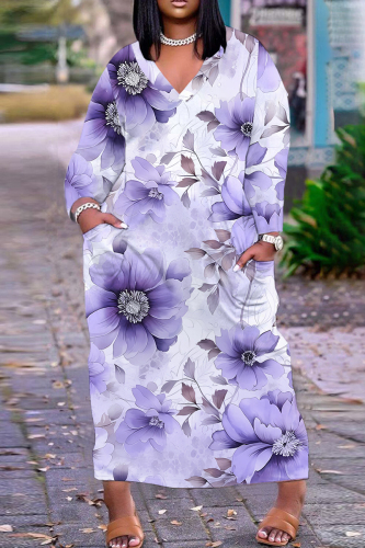 Light Purple Floral Print V Neck Long Sleeve Pocket Fall Outings Vacation Plue Size Striaght Loose Maxi Dress
