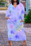 Purple Floral Print V Neck Long Sleeve Pocket Fall Outings Vacation Plue Size Striaght Loose Maxi Dress