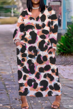 Army Green Graphic Print V Neck Long Sleeve Ankle Length Casual Outings Plus Size Straight Loose Tunic Maxi Dress with Pocket