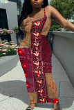 Blue Faux Denim Print Sleeveless Backless Spaghetti Strap Summer Outings Vacation Bodycon Maxi Slip Dress