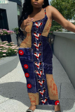 Blue Faux Denim Print Sleeveless Backless Spaghetti Strap Summer Outings Vacation Bodycon Maxi Slip Dress