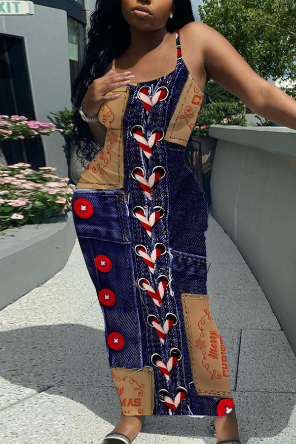 Blue Faux Denim Print Sleeveless Backless Spaghetti Strap Summer Outings Vacation Bodycon Maxi Slip Dress