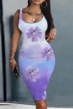 Navy Blue Floral Letter Print Sleeveless U Neck Knee Length Casual Outing Bodycon Vest Midi Dress