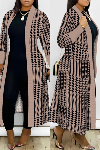 Caramel Geometric Print Long Duster Cardigan Open-Front Long Sleeve Long  Knit Coat Daily Outings Plus Size Overcoat