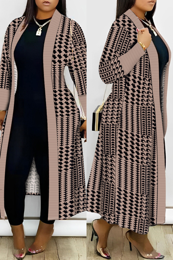 Caramel Geometric Print Long Duster Cardigan Open-Front Long Sleeve Long  Knit Coat Daily Outings Plus Size Overcoat