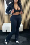 Black Casual Sportswear Zip-up Long Sleeve Jacket Cardigan and Flare Leg Pants Two Pieces Sweatsuits Sets