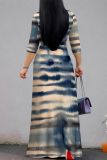 Sky Blue Tie Dye Print V Neck 3/4 Sleeve Lace Up Summer Outings Vacation Straight Loose Maxi Dress