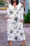 Light Purple Floral Print V Neck Long Sleeve Pocket Fall Outings Vacation Plue Size Striaght Loose Maxi Dress