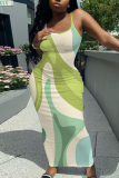 Military Green Graphic Print Sleeveless Backless Spaghetti Strap Summer Outings Vacation Bodycon Maxi Slip Dress