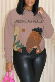 Rose Red Casual Letter Figure Print Round Neck Long Sleeve Fall Winter Sweatshirts Tops