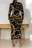 Red Chain print O Neck Long Sleeve Casual Street Fall Outings Bodycon Pencil Midi Dress